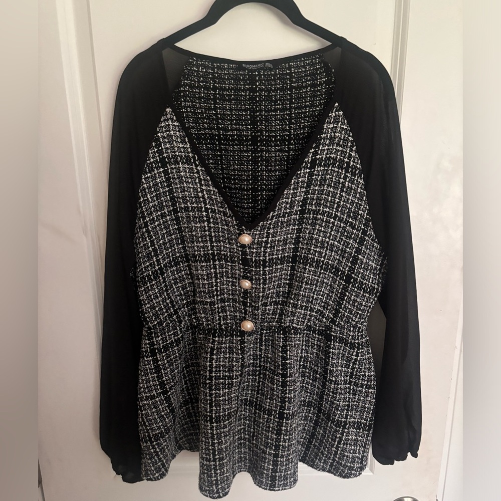 BloomChic Tweed and Chiffon Peplum Blouse with Pearl Button Detail -NWOT